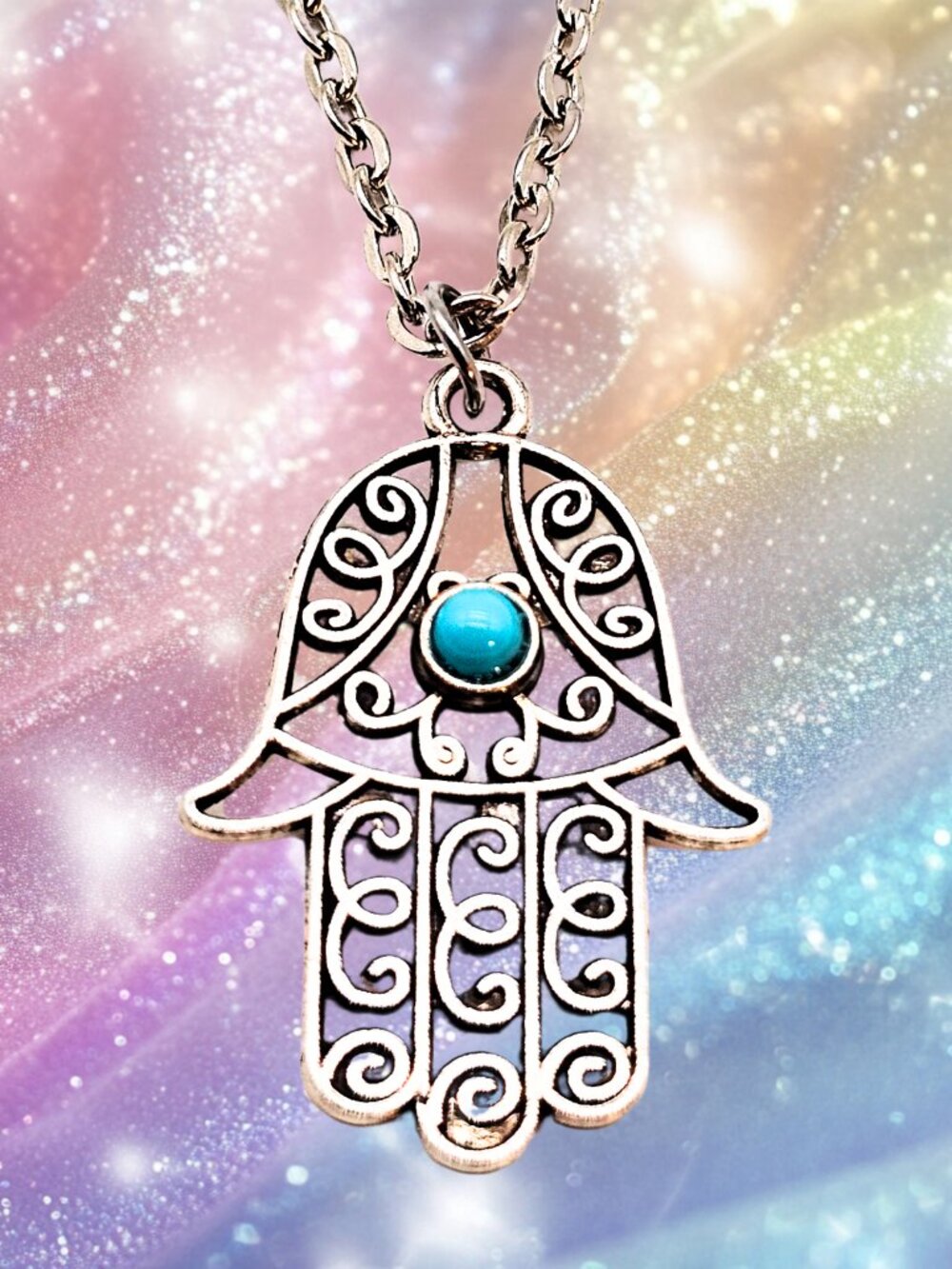 Hamsa Hand Necklace Genuine Turquoise Stainless Steel Chain Filigree Pendant